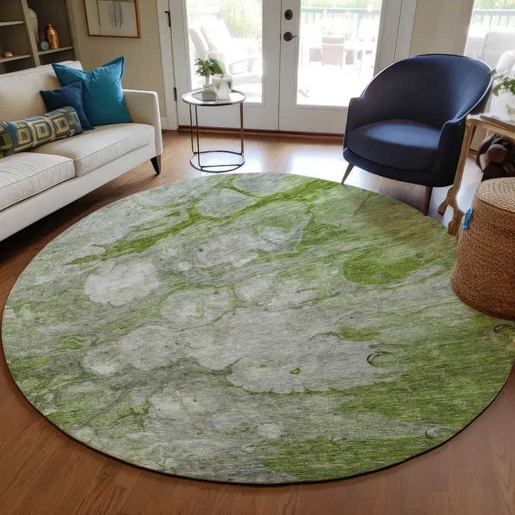 8' Olive Green And Gray Round Abstract Washable Indoor Outdoor Area Rug