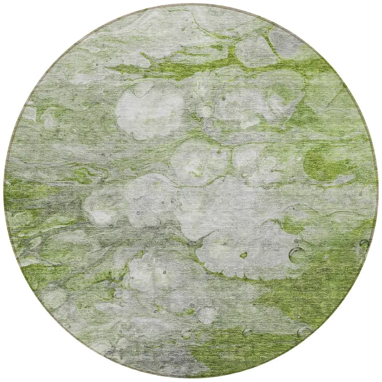 8' Olive Green And Gray Round Abstract Washable Indoor Outdoor Area Rug
