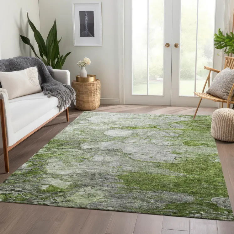 9' X 12' Olive Green And Gray Abstract Washable Indoor Outdoor Area Rug