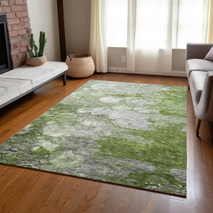 9' X 12' Olive Green And Gray Abstract Washable Indoor Outdoor Area Rug