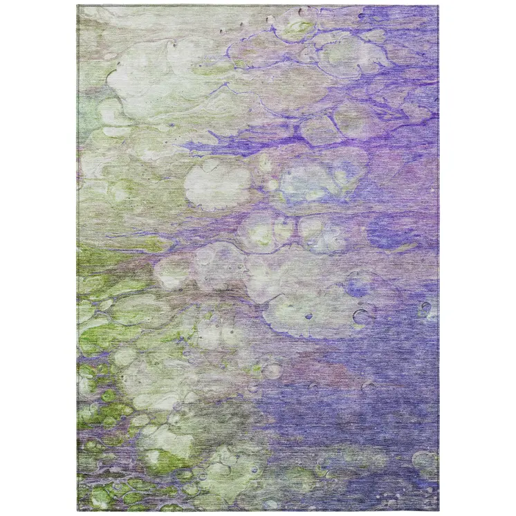 3' X 5' Purple Lilac And Artichoke Green Abstract Washable Indoor Outdoor Area Rug
