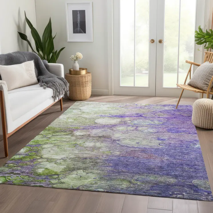 3' X 5' Purple Lilac And Artichoke Green Abstract Washable Indoor Outdoor Area Rug