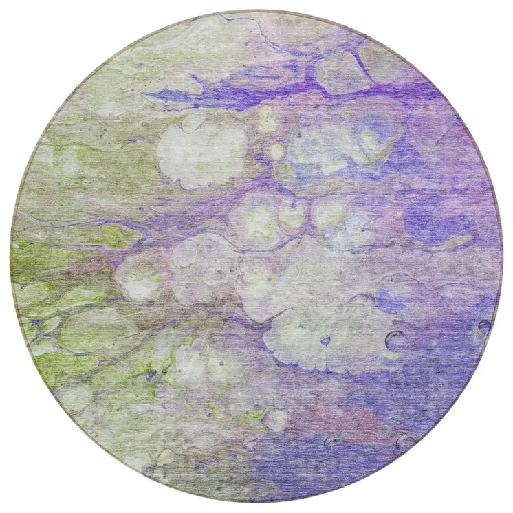 8' Purple Lilac And Artichoke Green Round Abstract Washable Indoor Outdoor Area Rug
