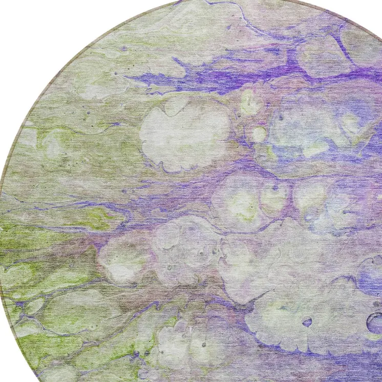 8' Purple Lilac And Artichoke Green Round Abstract Washable Indoor Outdoor Area Rug