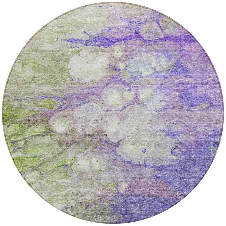 8' Purple Lilac And Artichoke Green Round Abstract Washable Indoor Outdoor Area Rug