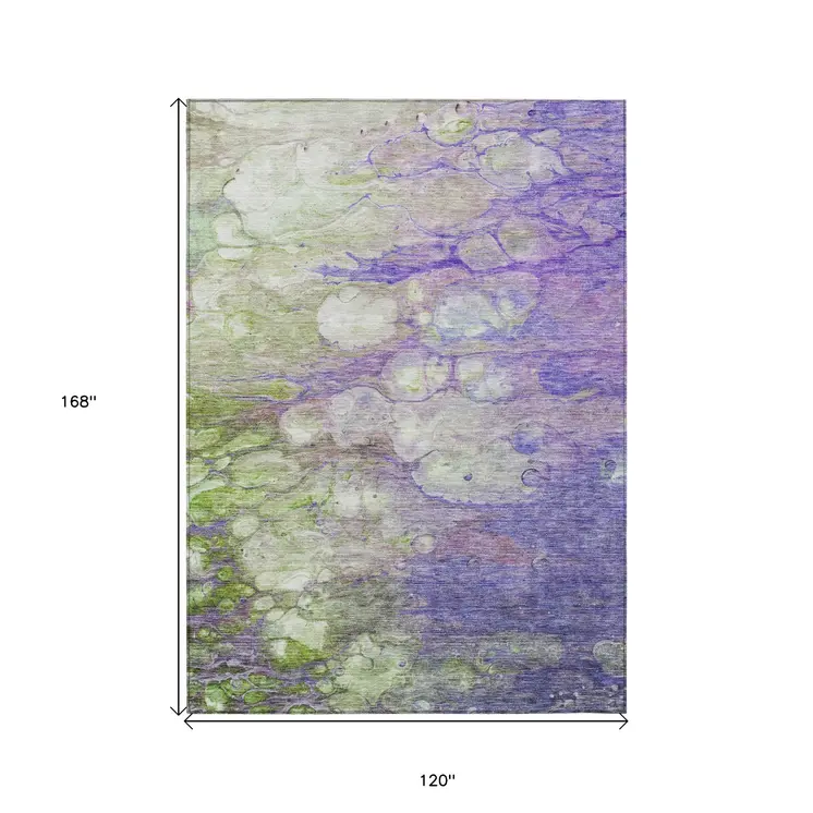 10' X 14' Purple Lilac And Artichoke Green Abstract Washable Indoor Outdoor Area Rug