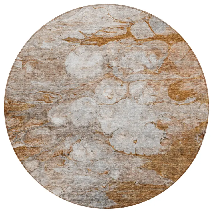 8' Terra Cotta Gray And Silver Round Abstract Washable Indoor Outdoor Area Rug