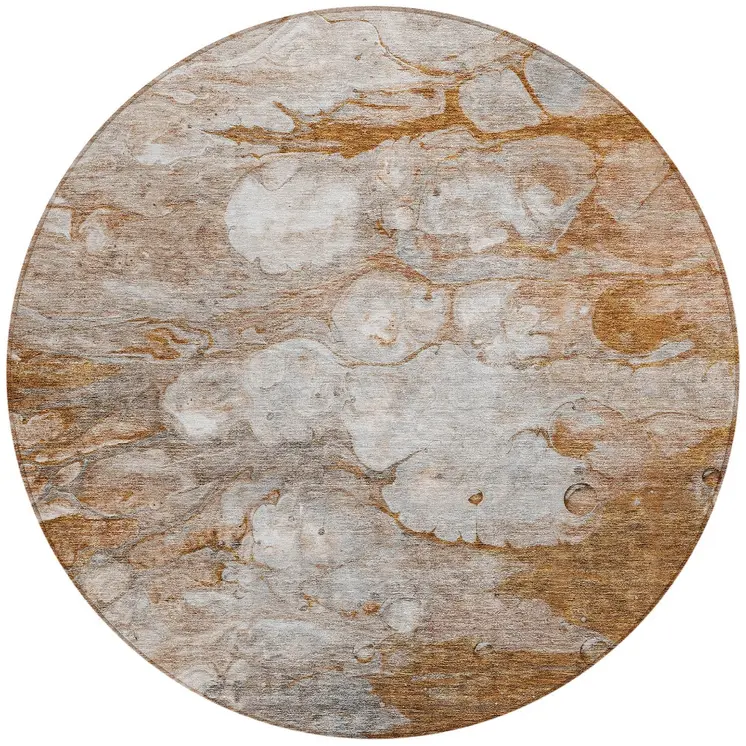 8' Terra Cotta Gray And Silver Round Abstract Washable Indoor Outdoor Area Rug
