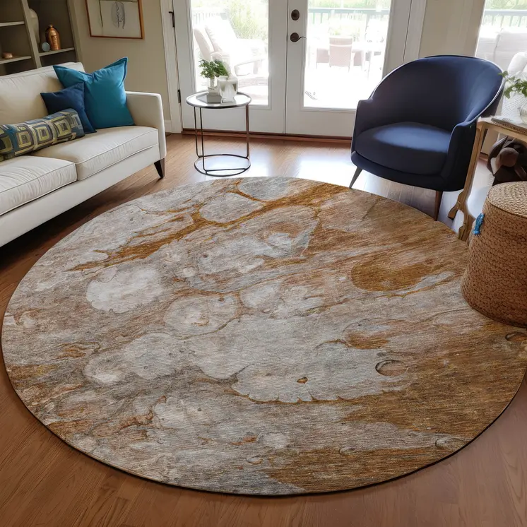 8' Terra Cotta Gray And Silver Round Abstract Washable Indoor Outdoor Area Rug