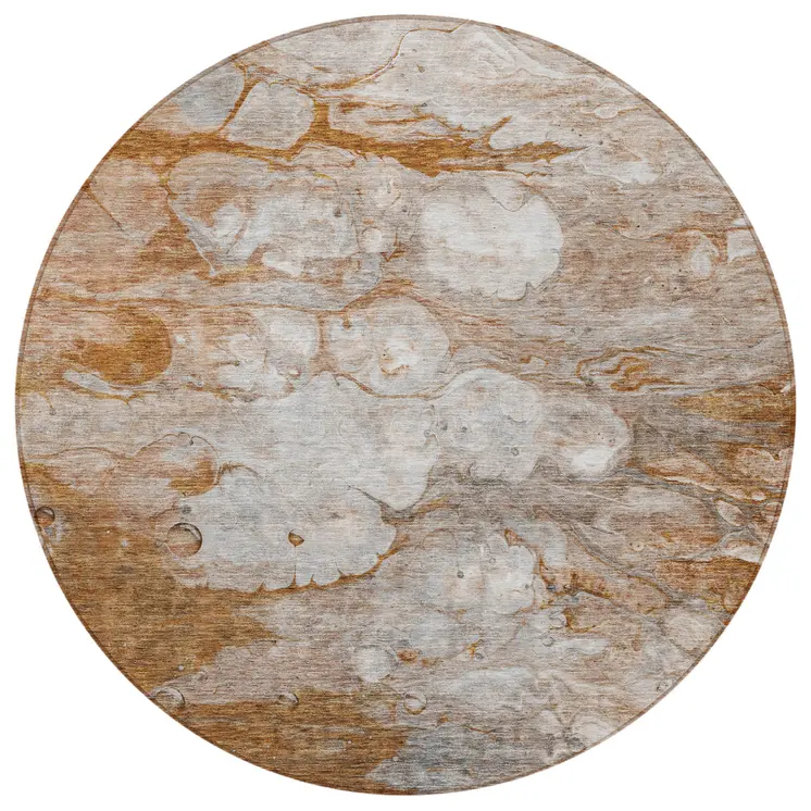 8' Terra Cotta Gray And Silver Round Abstract Washable Indoor Outdoor Area Rug