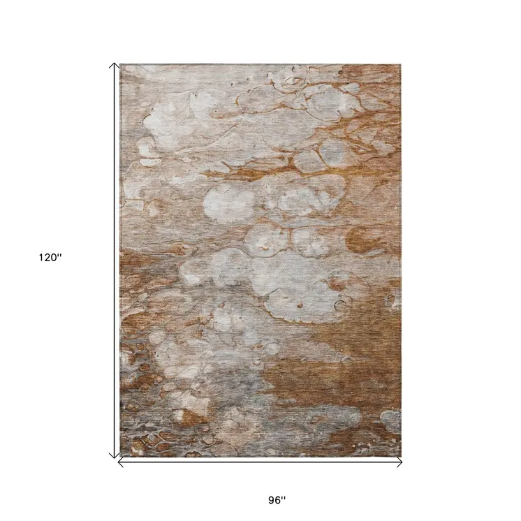 8' X 10' Terra Cotta Gray And Silver Abstract Washable Indoor Outdoor Area Rug