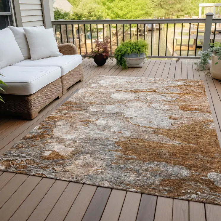 8' X 10' Terra Cotta Gray And Silver Abstract Washable Indoor Outdoor Area Rug