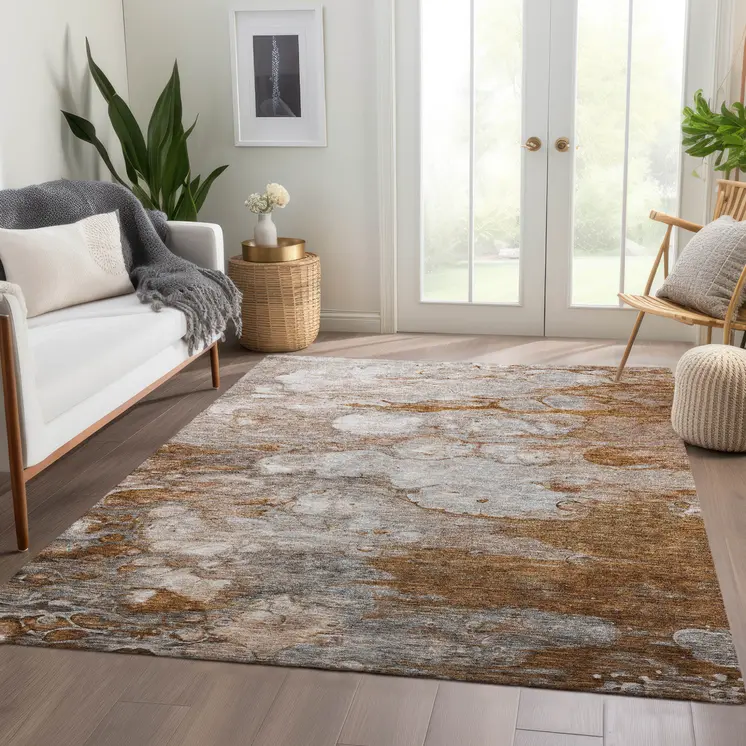 8' X 10' Terra Cotta Gray And Silver Abstract Washable Indoor Outdoor Area Rug