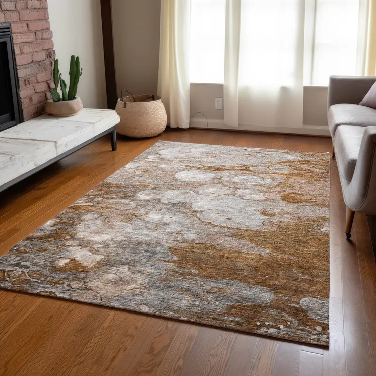 9' X 12' Terra Cotta Gray And Silver Abstract Washable Indoor Outdoor Area Rug