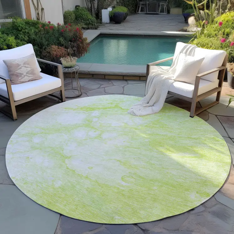 8' Artichoke Green And Ivory Round Abstract Washable Indoor Outdoor Area Rug