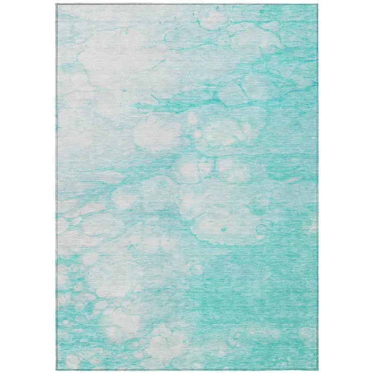 5' X 8' Aqua Ivory And Teal Blue Abstract Washable Indoor Outdoor Area Rug