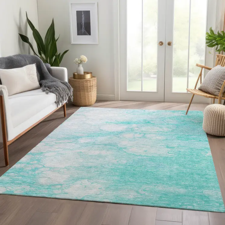 5' X 8' Aqua Ivory And Teal Blue Abstract Washable Indoor Outdoor Area Rug