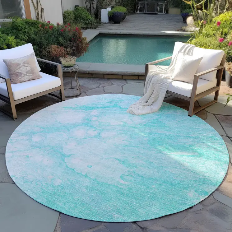 8' Aqua Ivory And Teal Blue Round Abstract Washable Indoor Outdoor Area Rug