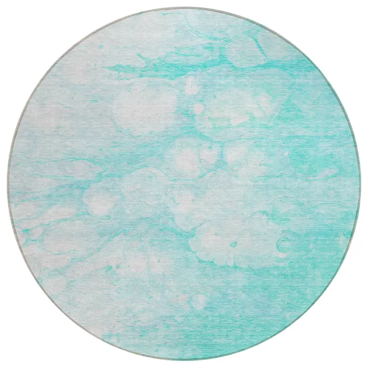 8' Aqua Ivory And Teal Blue Round Abstract Washable Indoor Outdoor Area Rug