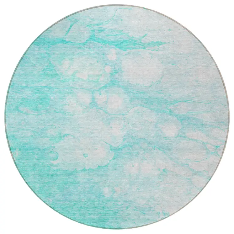 8' Aqua Ivory And Teal Blue Round Abstract Washable Indoor Outdoor Area Rug