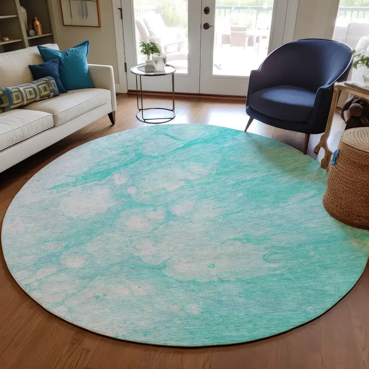 8' Aqua Ivory And Teal Blue Round Abstract Washable Indoor Outdoor Area Rug