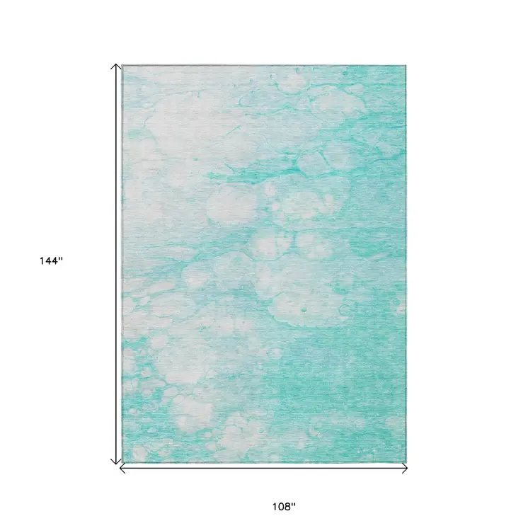 9' X 12' Aqua Ivory And Teal Blue Abstract Washable Indoor Outdoor Area Rug