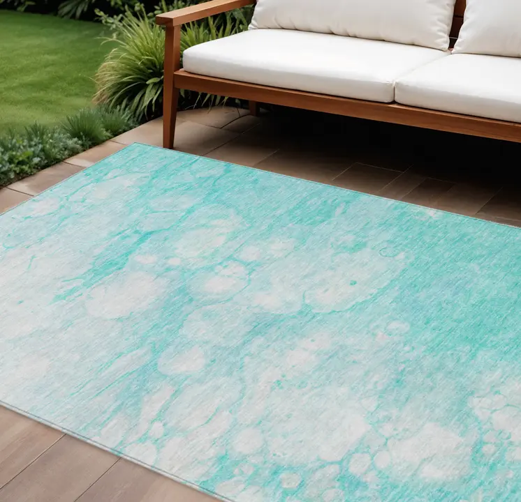 9' X 12' Aqua Ivory And Teal Blue Abstract Washable Indoor Outdoor Area Rug