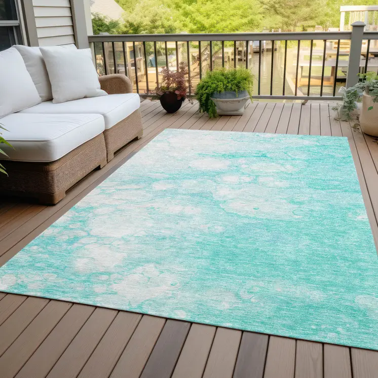9' X 12' Aqua Ivory And Teal Blue Abstract Washable Indoor Outdoor Area Rug