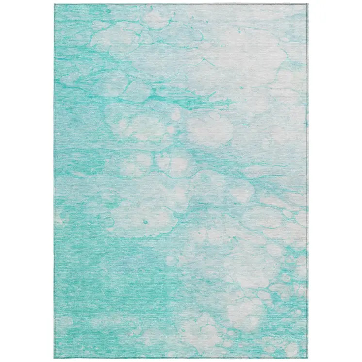9' X 12' Aqua Ivory And Teal Blue Abstract Washable Indoor Outdoor Area Rug