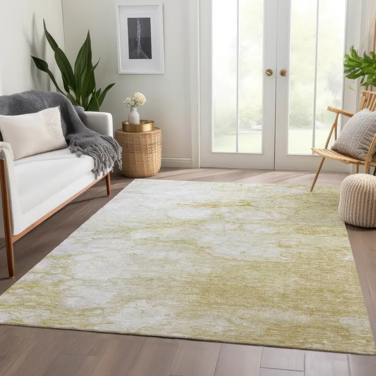 9' X 12' Beige Taupe And Artichoke Green Abstract Washable Indoor Outdoor Area Rug