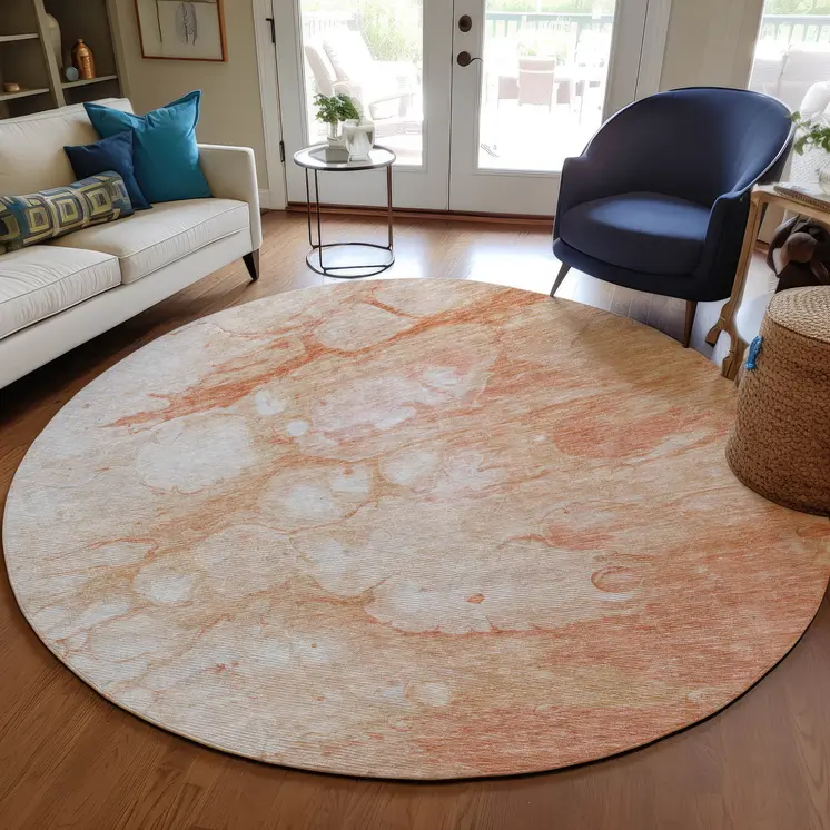 8' Copper Beige And Silver Round Abstract Washable Indoor Outdoor Area Rug