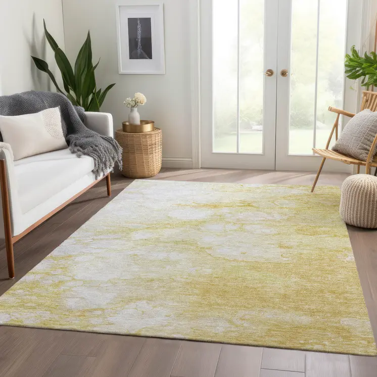3' X 5' Gold Beige And Ivory Abstract Washable Indoor Outdoor Area Rug