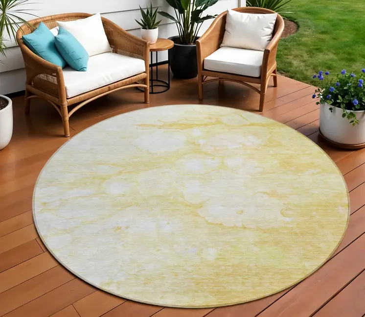 8' Gold Beige And Ivory Round Abstract Washable Indoor Outdoor Area Rug
