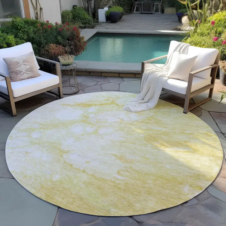 8' Gold Beige And Ivory Round Abstract Washable Indoor Outdoor Area Rug