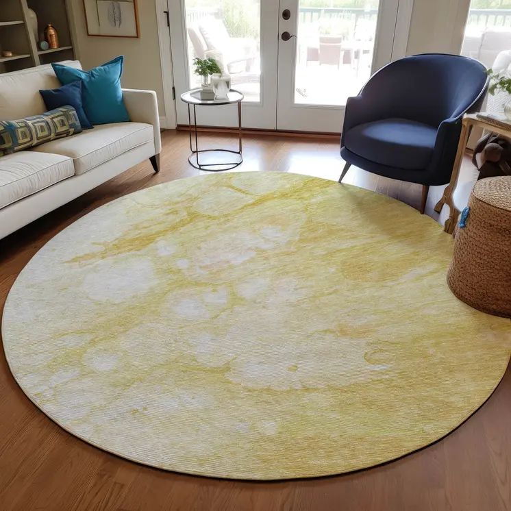 8' Gold Beige And Ivory Round Abstract Washable Indoor Outdoor Area Rug