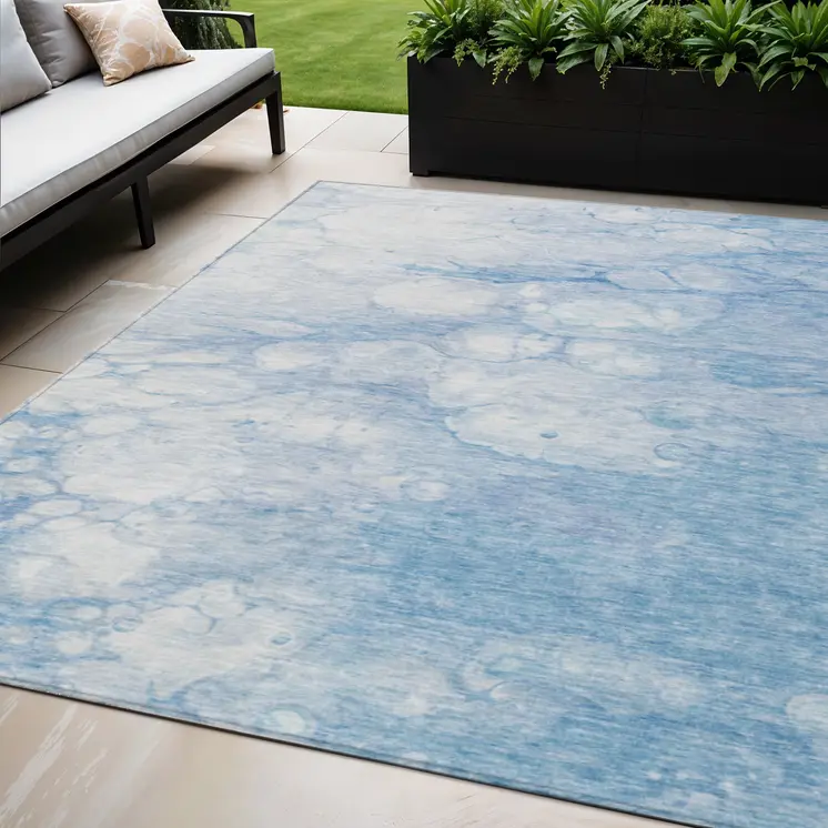 5' X 8' Sky Blue Denim Blue And Silver Abstract Washable Indoor Outdoor Area Rug
