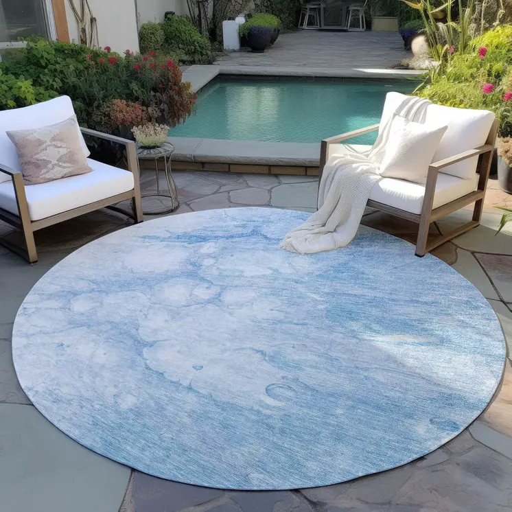 8' Sky Blue Denim Blue And Silver Round Abstract Washable Indoor Outdoor Area Rug