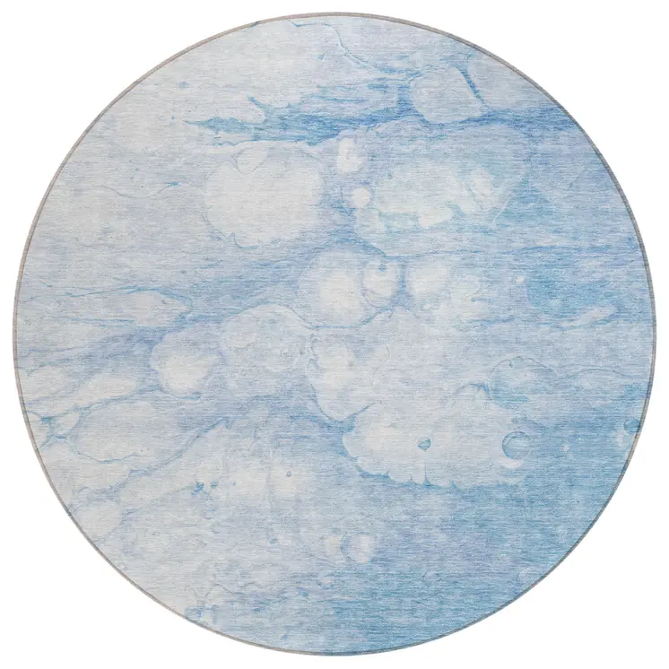 8' Sky Blue Denim Blue And Silver Round Abstract Washable Indoor Outdoor Area Rug