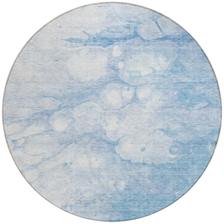 8' Sky Blue Denim Blue And Silver Round Abstract Washable Indoor Outdoor Area Rug