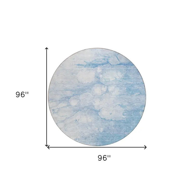 8' Sky Blue Denim Blue And Silver Round Abstract Washable Indoor Outdoor Area Rug
