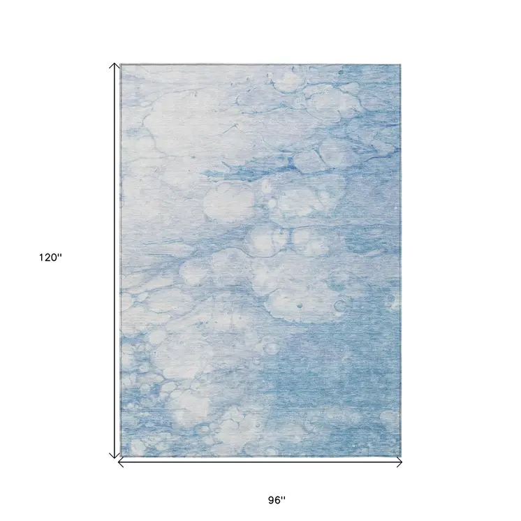 8' X 10' Sky Blue Denim Blue And Silver Abstract Washable Indoor Outdoor Area Rug