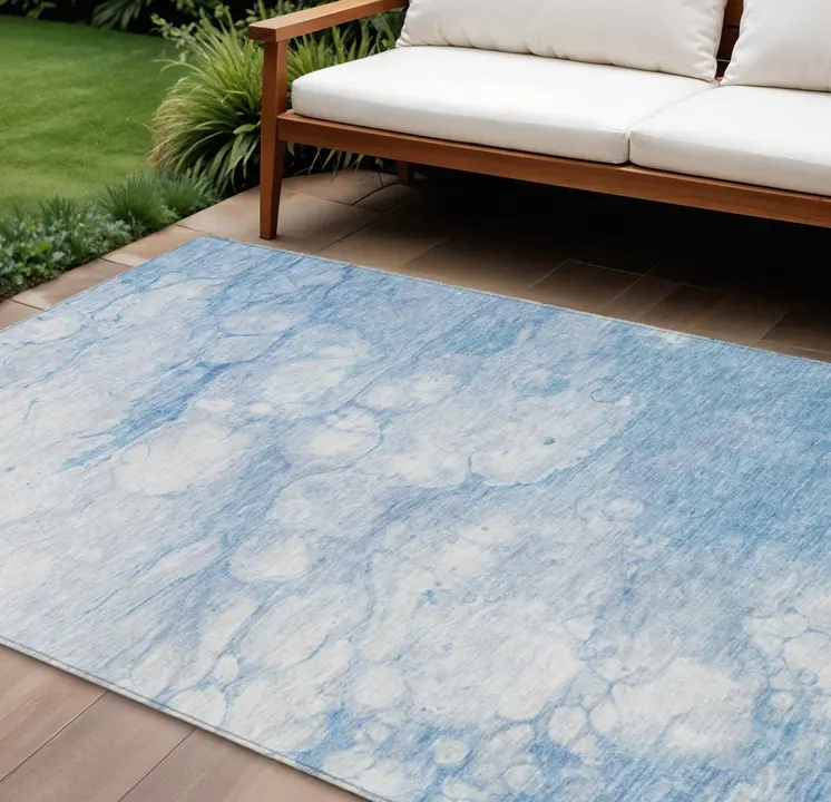 8' X 10' Sky Blue Denim Blue And Silver Abstract Washable Indoor Outdoor Area Rug