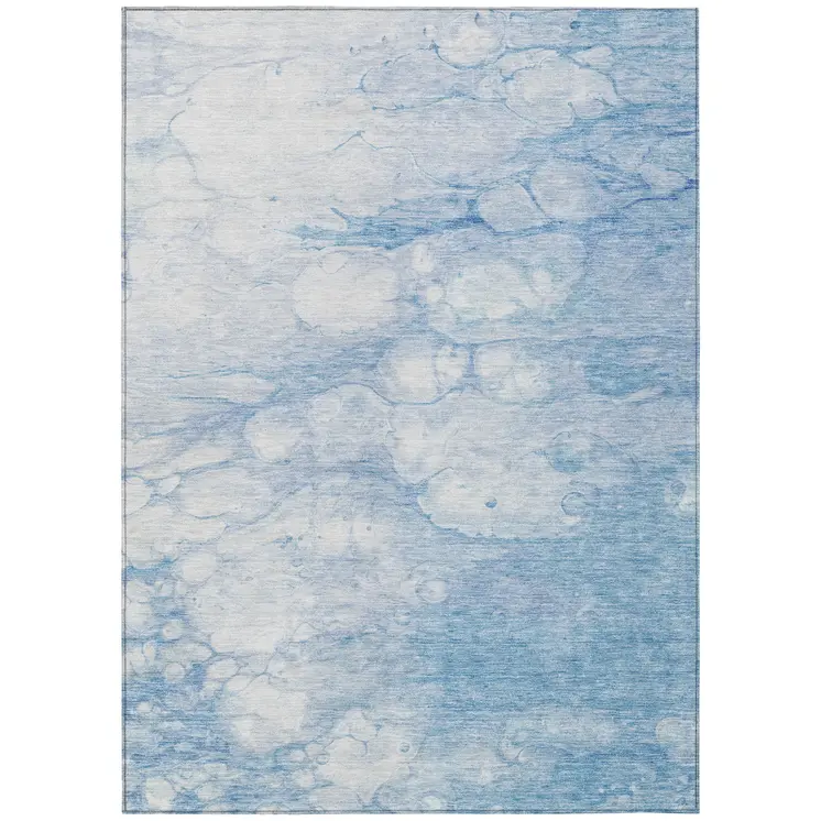 8' X 10' Sky Blue Denim Blue And Silver Abstract Washable Indoor Outdoor Area Rug