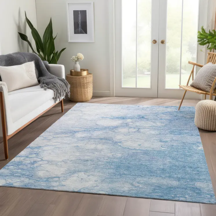 8' X 10' Sky Blue Denim Blue And Silver Abstract Washable Indoor Outdoor Area Rug