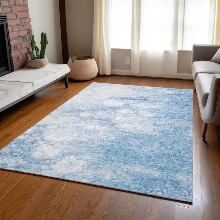8' X 10' Sky Blue Denim Blue And Silver Abstract Washable Indoor Outdoor Area Rug