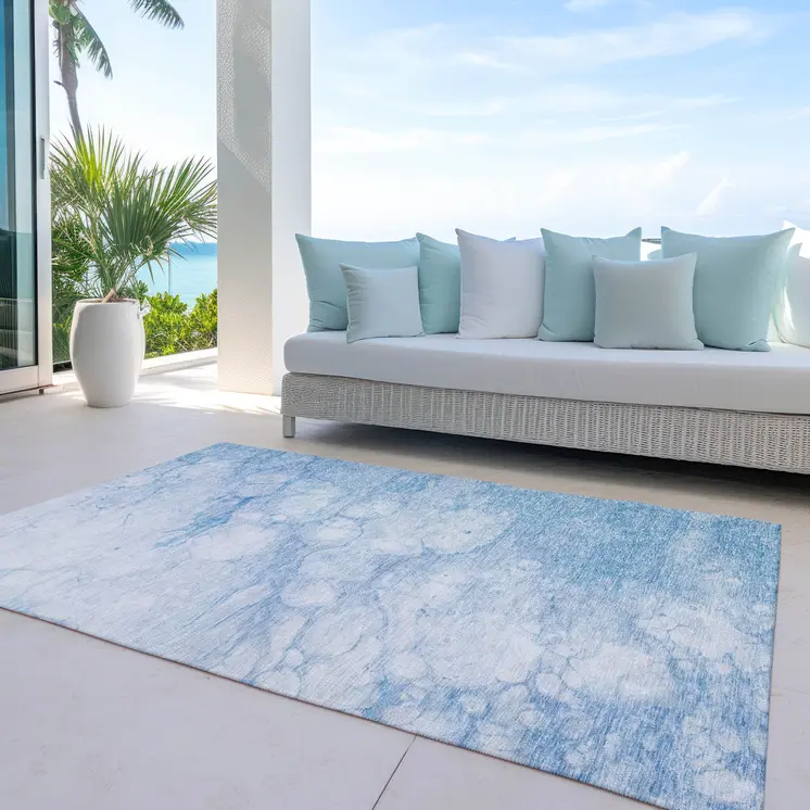 8' X 10' Sky Blue Denim Blue And Silver Abstract Washable Indoor Outdoor Area Rug