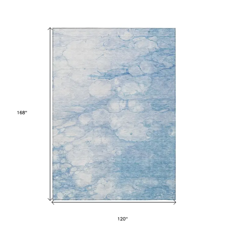 10' X 14' Sky Blue Denim Blue And Silver Abstract Washable Indoor Outdoor Area Rug
