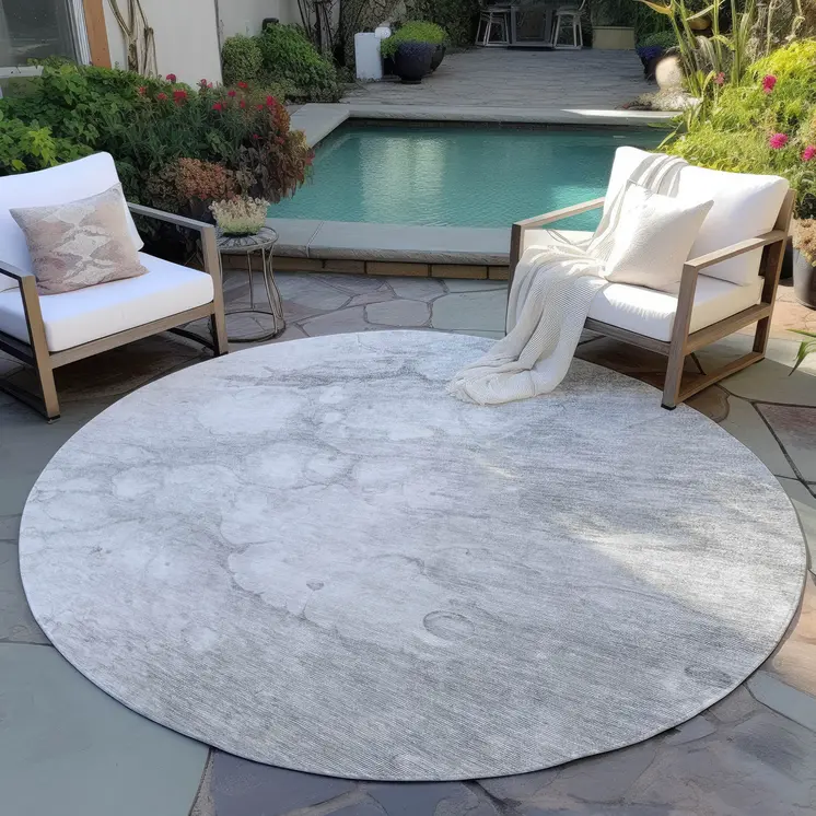 8' Silver Gray And Ivory Round Abstract Washable Indoor Outdoor Area Rug
