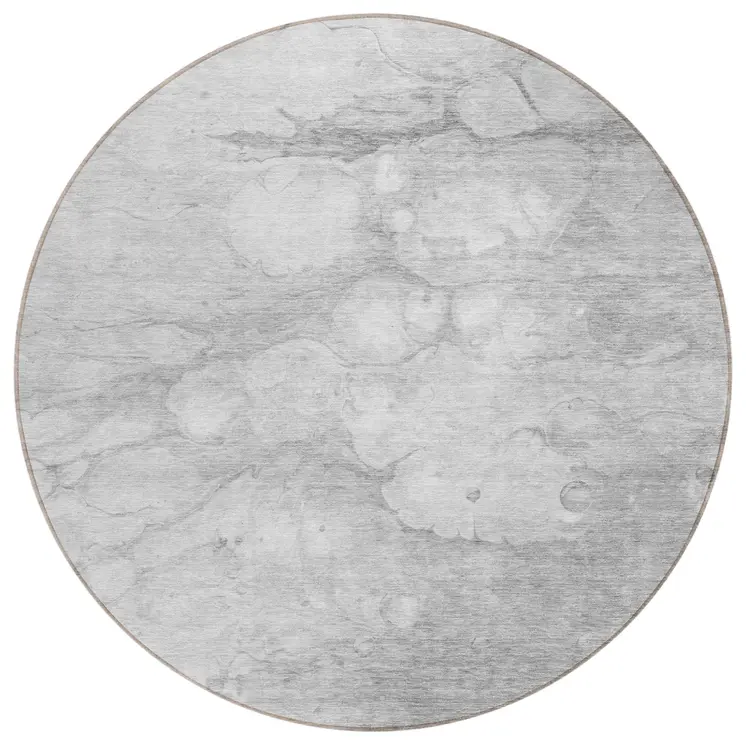 8' Silver Gray And Ivory Round Abstract Washable Indoor Outdoor Area Rug