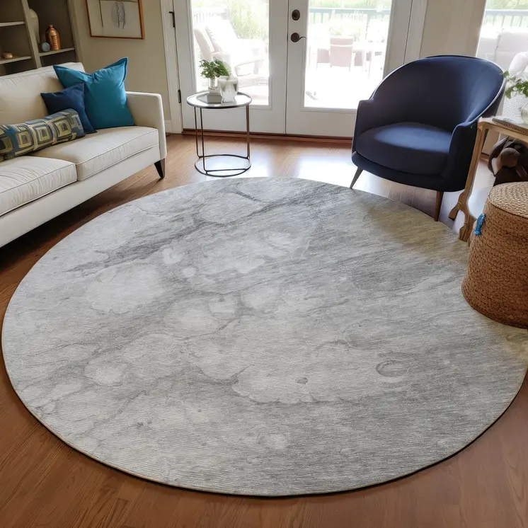 8' Silver Gray And Ivory Round Abstract Washable Indoor Outdoor Area Rug